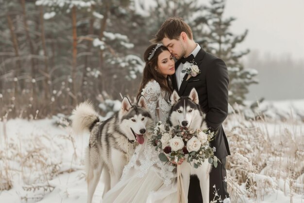 novia y novio con niño y niña perro Huskies en invierno