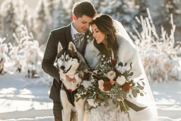 Foto novia y novio con niño y niña perro huskies en invierno