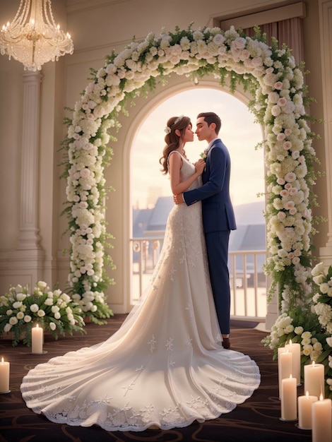 Una novia y un novio parados bajo un arco de boda con velas y flores.