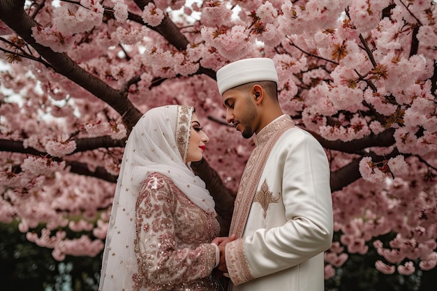 Foto una novia y un novio parados debajo de un cerezo ai generativo