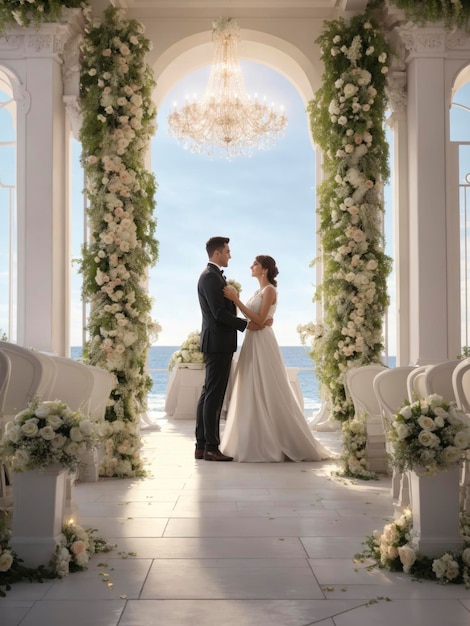 Una novia y un novio parados frente a un arco de boda con flores.