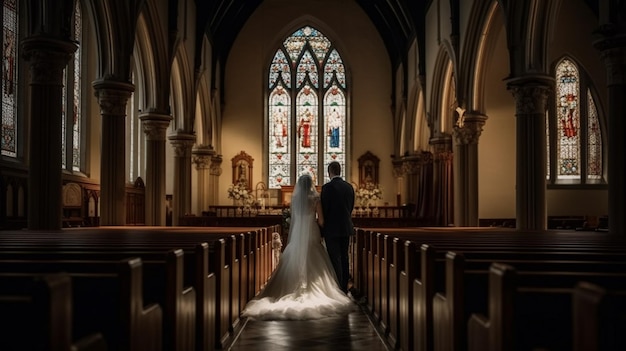 Una novia y un novio se paran en una iglesia con una vidriera detrás de ellos.