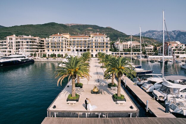 La novia y el novio se paran en un muelle con palmeras y yates amarrados cerca del hotel Regent Porto