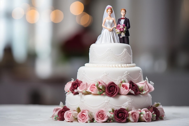 La novia y el novio se paran ante el pastel de bodas blanco decorado