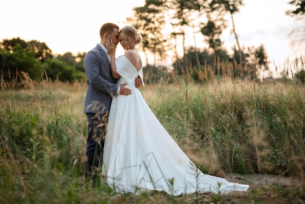 La novia y el novio en un paseo por el bosque