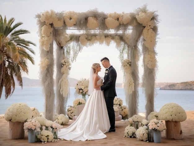 una novia y un novio de pie bajo un arco de bodas con flores en él