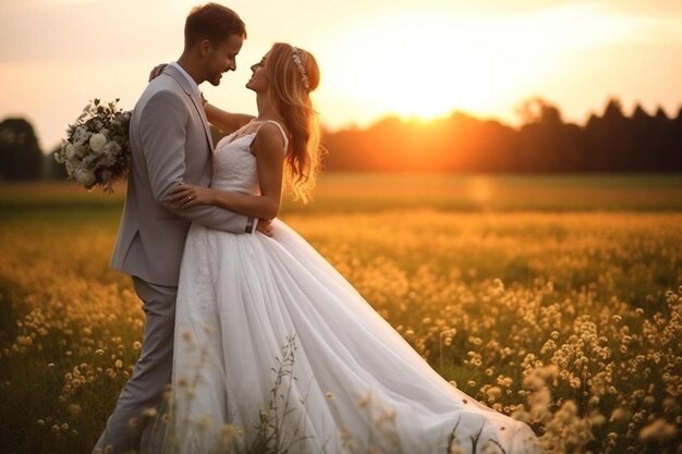 una novia y un novio de pie en un campo al atardecer