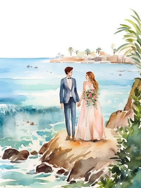 La novia y el novio de pie junto al mar acuarela