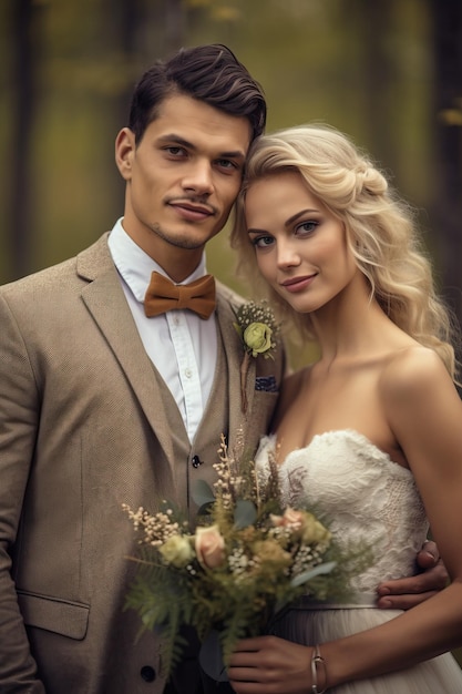 Una novia y un novio posan para una foto en un bosque.