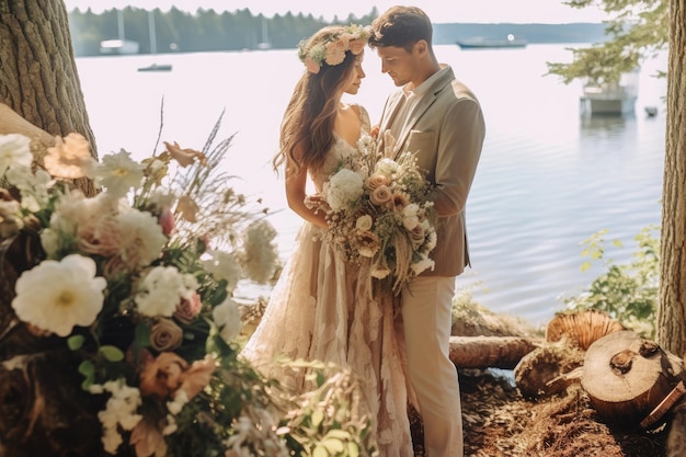 Una novia y un novio posan para una foto frente a un lago y la palabra amor en el fondo.