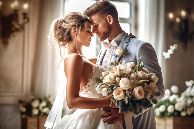 Una novia y un novio posan para una foto frente a una ventana.