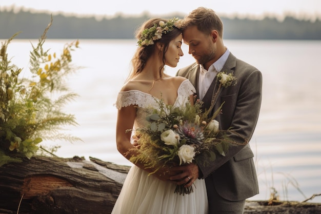 Una novia y un novio posan para una foto en la orilla de un lago.