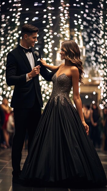 la novia y el novio posan frente a un árbol de Navidad iluminado.