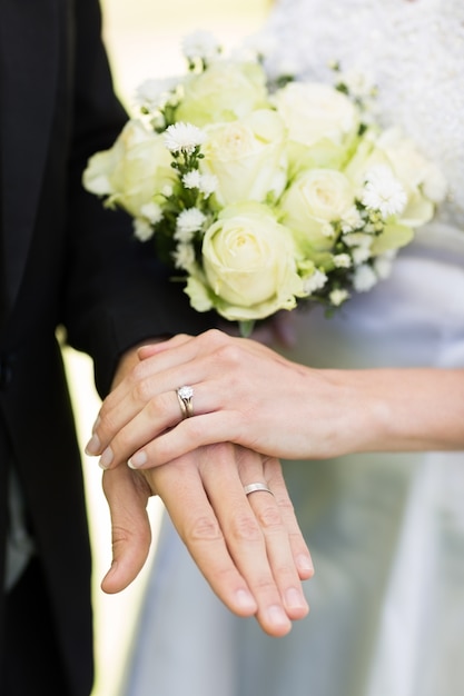 Novia y el novio que muestra los anillos de bodas