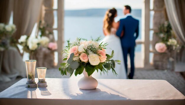 Foto la novia y el novio en la recepción de la boda un ramo de flores en la mesa