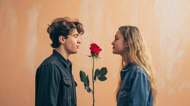 novia y novio con rosa roja concepto de San Valentín