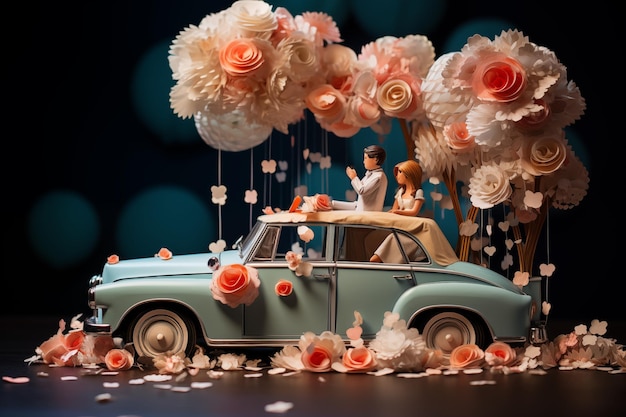 novia y novio sentados en un coche descapotable con un efecto de corte de papel de globos