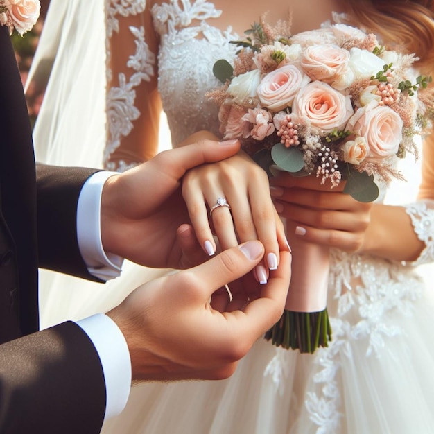 La novia y el novio tomados de la mano con anillos de boda y un ramo de flores