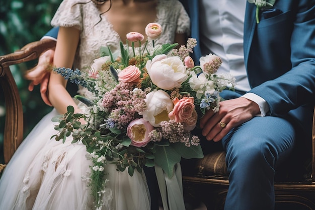 La novia y el novio con traje de boda sosteniendo un ramo detallado en una silla de madera antigua