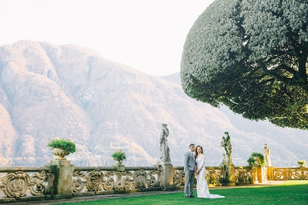 novia y novio velo largo y vestido blanco sobre fondo de montañas lago de Como Italia