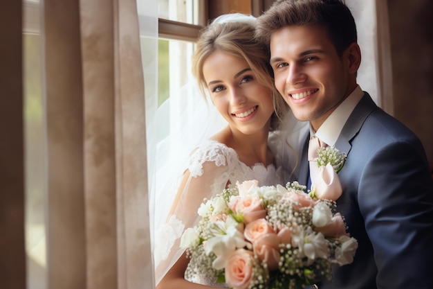 La novia y el novio en la ventana de la ceremonia del día de la boda