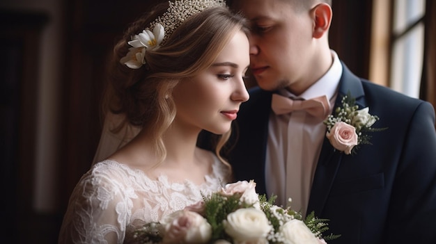 Novia y novio en un vestido de novia con un ramo de rosas