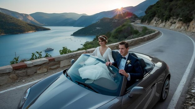 Foto la novia y el novio viajan en un descapotable en una carretera de montaña con el telón de fondo de la bahía de kotor