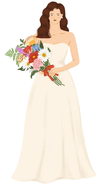 Novia png sosteniendo un ramo de flores pegatina mujer ilustración fondo transparente