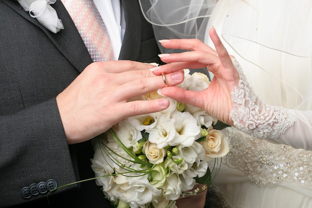 Novia poniendo el anillo de bodas en el dedo del novio