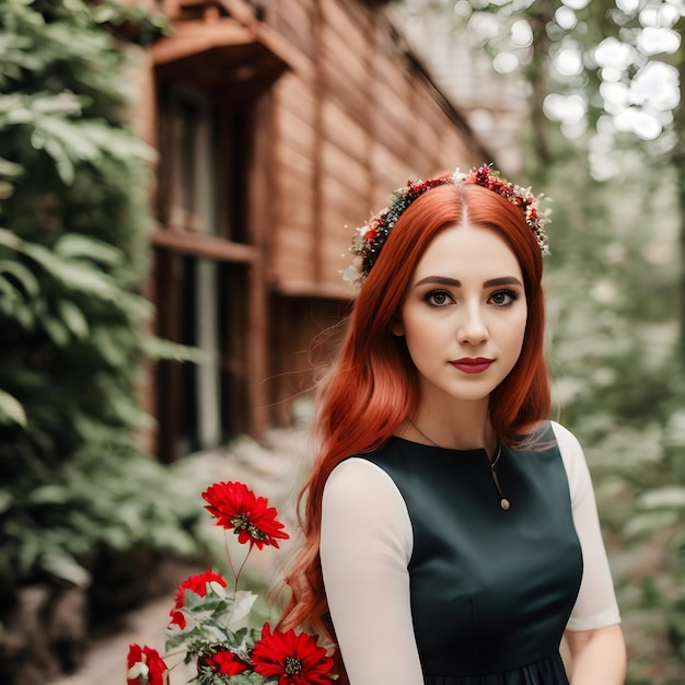 Una novia posa frente a una cabaña de madera con flores rojas.