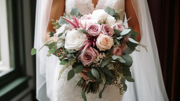 la novia con el ramo de la boda