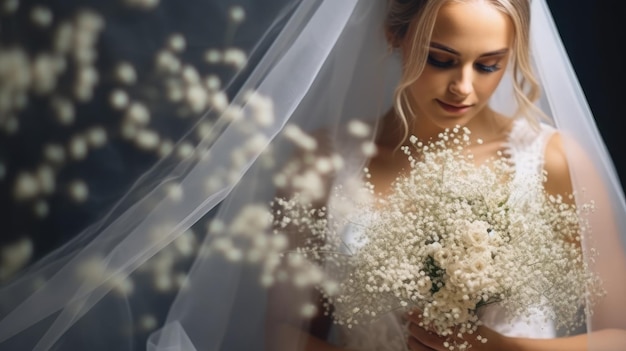 novia con un ramo de flores en fondo blanco