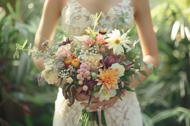 Una novia con un ramo de flores en sus manos