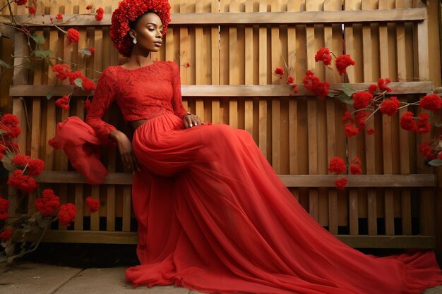 La novia senegalesa vestida de rojo posa