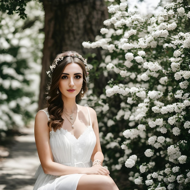 Novia sentada en un banco frente a flores blancas