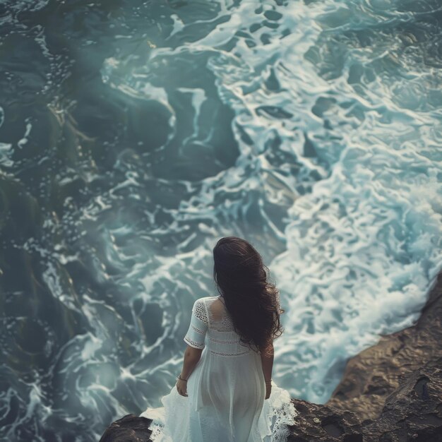 Foto una novia sola en un vestido blanco mira hacia el océano desde el borde de un acantilado.