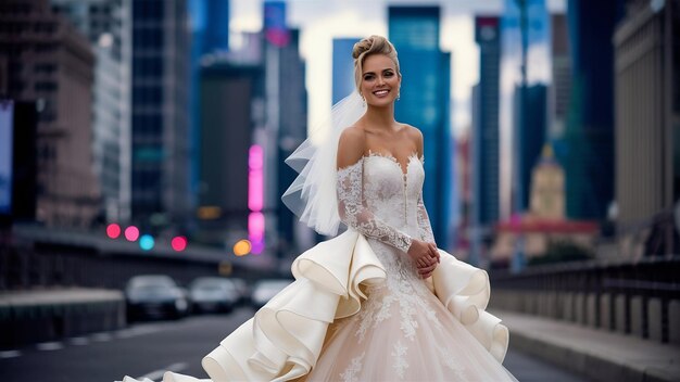 Foto novia sonriendo con el fondo de la ciudad