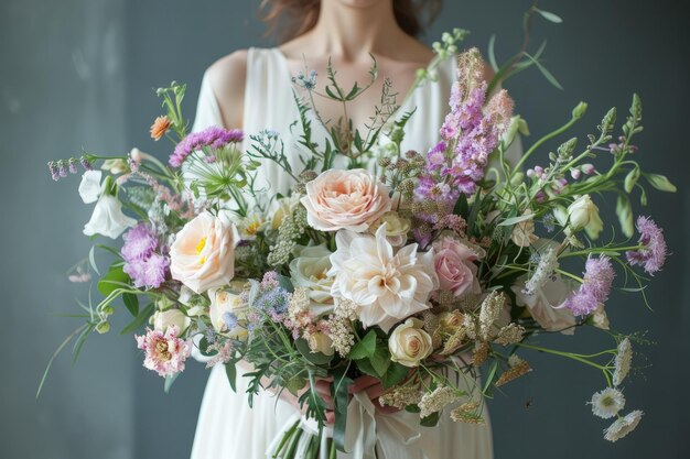 Foto la novia sosteniendo un ramo de flores en un bouquet de boda de estilo rústico