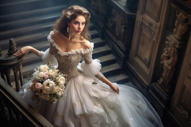 Novia sosteniendo un ramo de flores mientras está de pie en un campo de flores