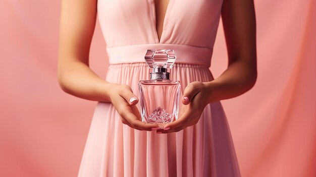 Foto la novia sostiene una botella de perfume en sus tiernos brazos.