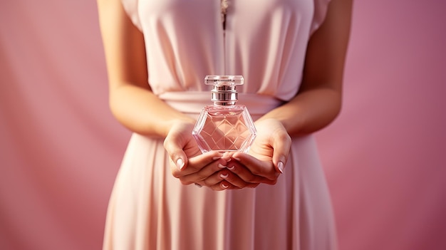Foto la novia sostiene una botella de perfume en sus tiernos brazos.