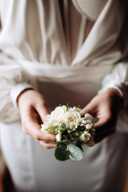 La novia sostiene un boutonniere blanco para el novio Florística de la boda