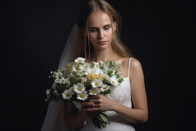 Una novia sostiene un ramo de flores en sus manos.