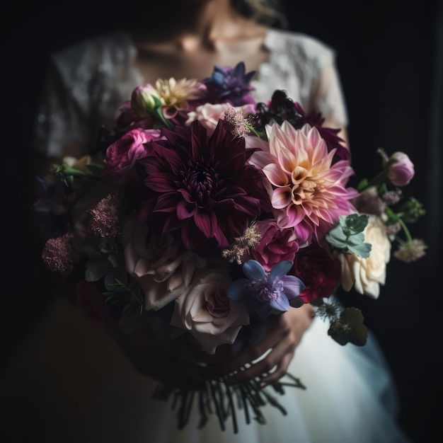 Una novia sostiene un ramo de flores en sus manos.