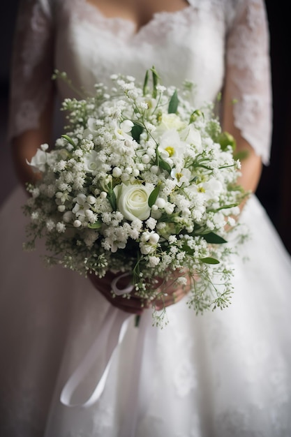 Una novia sostiene un ramo de flores en sus manos.