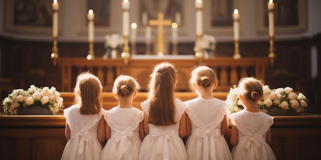 la novia y sus damas de honor están mirando por la ventana de una iglesia