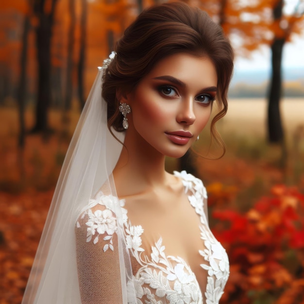 Foto novia en el telón de fondo de un paisaje de otoño