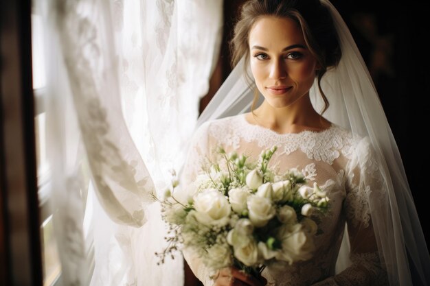 Foto la novia en un vestido de encaje de boda con un velo se encuentra cerca de la ventana y mira