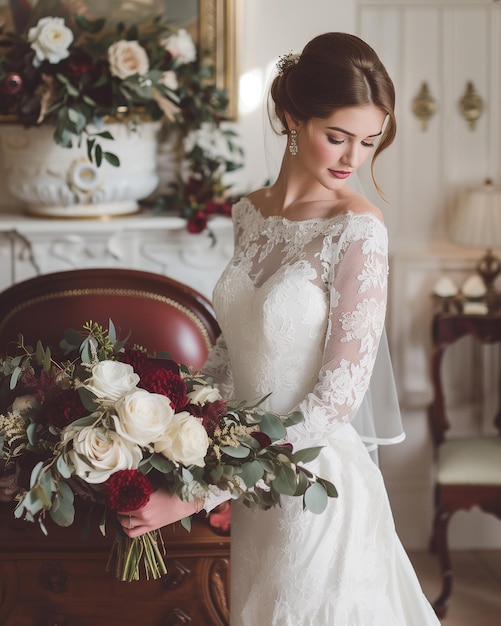 Foto una novia con un vestido de encaje sostiene un ramo su mirada bajada pensativa