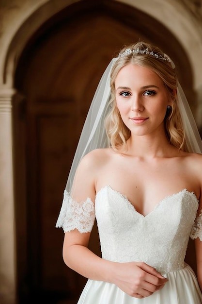 Novia en un vestido de novia con un anillo de bodas